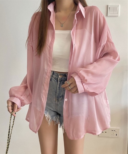 kirakiraShop(キラキラショップ)の「ボリューム スリーブ シアーシャツ(シャツ/ブラウス・レディース・ホワイト/ピンク/ピンク系/グリーン/チャコール/ブラック/アイボリー・FREE)」の6枚目の写真