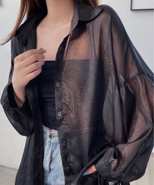 kirakiraShop(キラキラショップ)の「ボリューム スリーブ シアーシャツ(シャツ/ブラウス・レディース・ホワイト/ピンク/ピンク系/グリーン/チャコール/ブラック/アイボリー・FREE)」の2枚目の写真