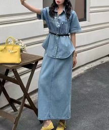 【FAVORITO】シングルブレストポケット付きデニム2点セットアップ FAVORITO セットアップ 襟付きシングルブレストポケット付き