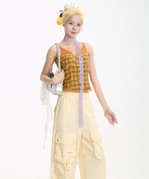 セール】配色レースチョーカー付き2点セット／チェック×レースが