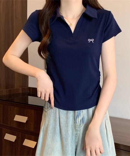 Miniministore(ミニミニストア)の「Vネックポロシャツ レディースTシャツ夏半袖半袖(Tシャツ/カットソー・レディース・ブラック/ネイビー/ライトグレー/ピンク/ホワイト・FREE)」の4枚目の写真
