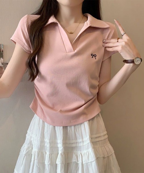 Miniministore(ミニミニストア)の「Vネックポロシャツ レディースTシャツ夏半袖半袖(Tシャツ/カットソー・レディース・ブラック/ネイビー/ライトグレー/ピンク/ホワイト・FREE)」の5枚目の写真