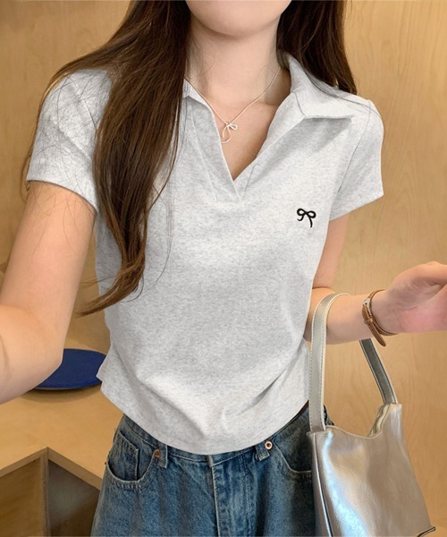 Miniministore(ミニミニストア)の「Vネックポロシャツ レディースTシャツ夏半袖半袖(Tシャツ/カットソー・レディース・ブラック/ネイビー/ライトグレー/ピンク/ホワイト・FREE)」の1枚目の写真