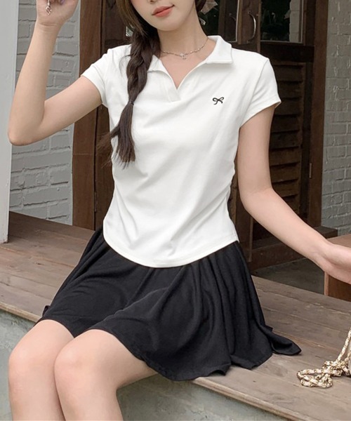 Miniministore(ミニミニストア)の「Vネックポロシャツ レディースTシャツ夏半袖半袖(Tシャツ/カットソー・レディース・ブラック/ネイビー/ライトグレー/ピンク/ホワイト・FREE)」の8枚目の写真