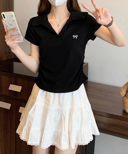 Miniministore(ミニミニストア)の「Vネックポロシャツ レディースTシャツ夏半袖半袖(Tシャツ/カットソー・レディース・ブラック/ネイビー/ライトグレー/ピンク/ホワイト・FREE)」の10枚目の写真