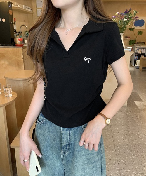 Miniministore(ミニミニストア)の「Vネックポロシャツ レディースTシャツ夏半袖半袖(Tシャツ/カットソー・レディース・ブラック/ネイビー/ライトグレー/ピンク/ホワイト・FREE)」の11枚目の写真