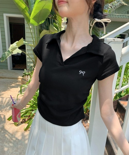 Miniministore(ミニミニストア)の「Vネックポロシャツ レディースTシャツ夏半袖半袖(Tシャツ/カットソー・レディース・ブラック/ネイビー/ライトグレー/ピンク/ホワイト・FREE)」の12枚目の写真
