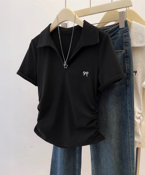 Miniministore(ミニミニストア)の「Vネックポロシャツ レディースTシャツ夏半袖半袖(Tシャツ/カットソー・レディース・ブラック/ネイビー/ライトグレー/ピンク/ホワイト・FREE)」の13枚目の写真