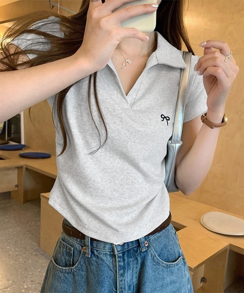 Miniministore(ミニミニストア)の「Vネックポロシャツ レディースTシャツ夏半袖半袖(Tシャツ/カットソー・レディース・ブラック/ネイビー/ライトグレー/ピンク/ホワイト・FREE)」の14枚目の写真