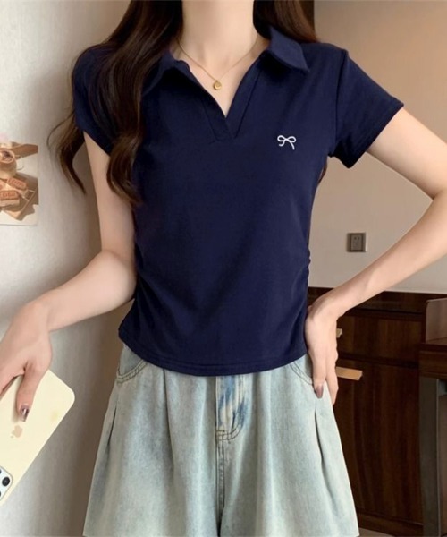 Miniministore(ミニミニストア)の「Vネックポロシャツ レディースTシャツ夏半袖半袖(Tシャツ/カットソー・レディース・ブラック/ネイビー/ライトグレー/ピンク/ホワイト・FREE)」の18枚目の写真