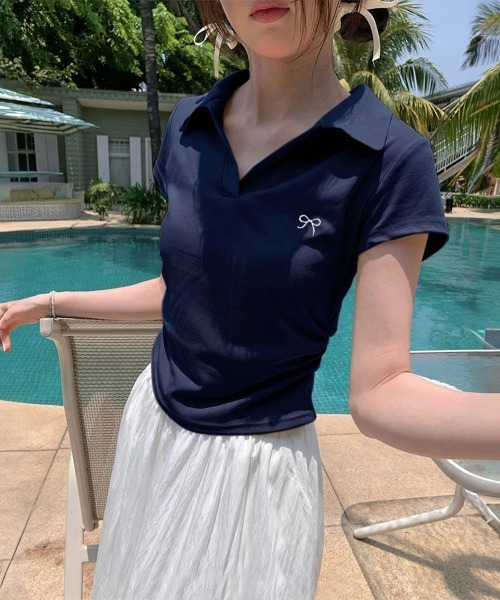 Miniministore(ミニミニストア)の「Vネックポロシャツ レディースTシャツ夏半袖半袖(Tシャツ/カットソー・レディース・ブラック/ネイビー/ライトグレー/ピンク/ホワイト・FREE)」の19枚目の写真