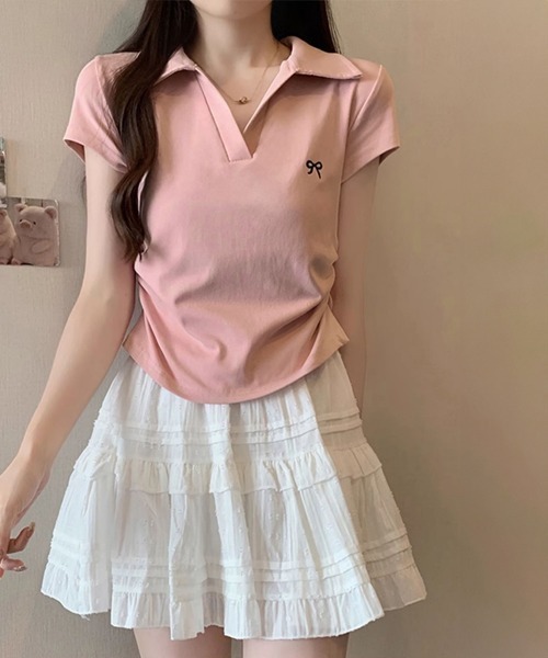 Miniministore(ミニミニストア)の「Vネックポロシャツ レディースTシャツ夏半袖半袖(Tシャツ/カットソー・レディース・ブラック/ネイビー/ライトグレー/ピンク/ホワイト・FREE)」の21枚目の写真