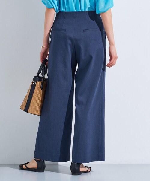 美品 イウエンマトフ 2,8万円 リネン混 ボーダー柄ワイドパンツ A308 earth_eco_loco ワイドパンツ レディース 8分丈 9番手リネン 麻