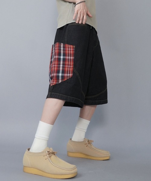 リメイクデニム　バルーンハーフパンツ セール】バルーンデニムハーフパンツ/チェック（デニムパンツ