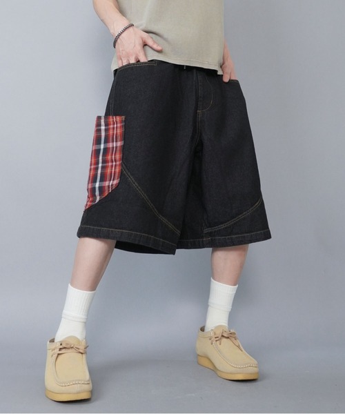 SPINNS（スピンズ）の「ゆったりシルエット！バルーンデニムハーフパンツ/チェック/ユニセックス（デニムパンツ・メンズ・ネイビー系/ブラック×レッド・L/M）」の13枚目の写真