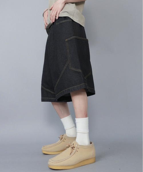 SPINNS（スピンズ）の「ゆったりシルエット！バルーンデニムハーフパンツ/チェック/ユニセックス（デニムパンツ・メンズ・ネイビー系/ブラック×レッド・L/M）」の14枚目の写真