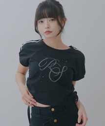 サイドドロストラインストーンロゴTシャツ【大きいサイズ有り】