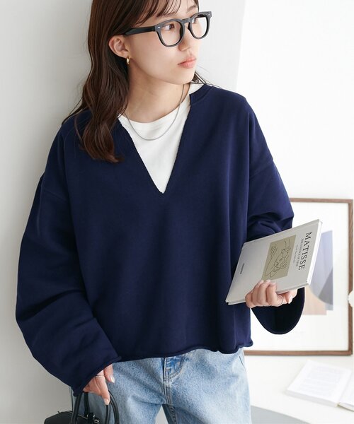 DISCOAT(ディスコート)の「裏毛深Vネックプルオーバー《WEB限定カラーあり》(スウェット・レディース・ネイビー/ダークブラウン/グレー/ブルー/アイボリー/ブラック/ピンク・FREE)」の1枚目の写真