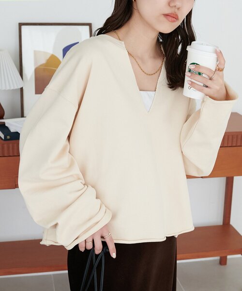 DISCOAT(ディスコート)の「裏毛深Vネックプルオーバー《WEB限定カラーあり》(スウェット・レディース・ネイビー/ダークブラウン/グレー/ブルー/アイボリー/ブラック/ピンク・FREE)」の2枚目の写真