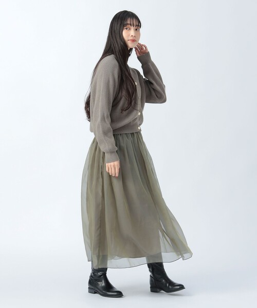 BEAMS HEART（ビームスハート）の「【セットアイテム】Vネック ニットカーディガン × シアー フレアスカート（ワンピース・レディース・カーキ/ブラック/グレー・FREE）」の18枚目の写真