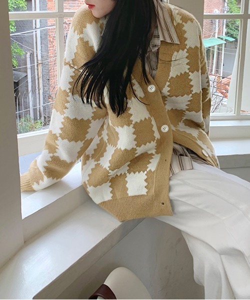 セール】ブロックチェック柄ニットカーディガン（カーディガン/ボレロ