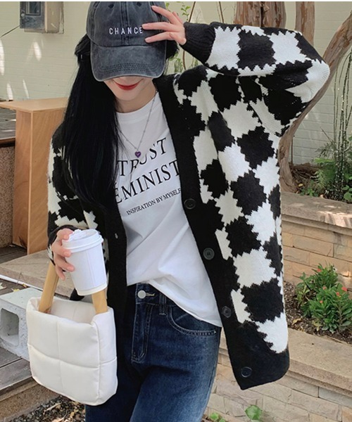 セール】ブロックチェック柄ニットカーディガン（カーディガン/ボレロ