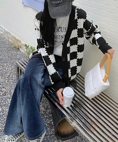 セール】ブロックチェック柄ニットカーディガン（カーディガン/ボレロ