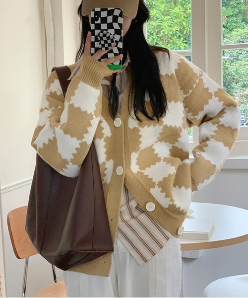セール】ブロックチェック柄ニットカーディガン（カーディガン/ボレロ