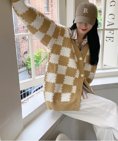 セール】ブロックチェック柄ニットカーディガン（カーディガン/ボレロ