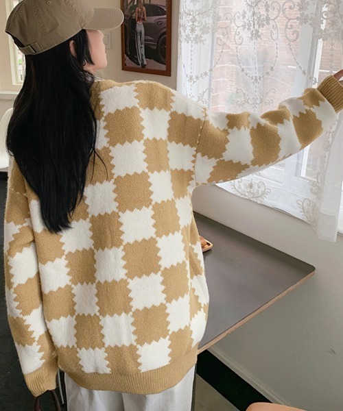 セール】ブロックチェック柄ニットカーディガン（カーディガン/ボレロ