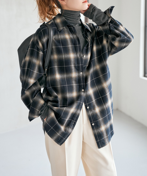 メタルボタンオンブレーチェックルーズシャツ（シャツ/ブラウス