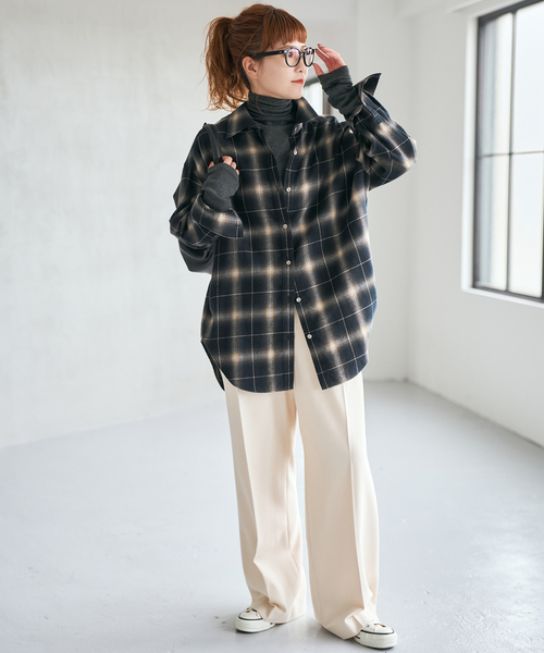 メタルボタンオンブレーチェックルーズシャツ（シャツ/ブラウス