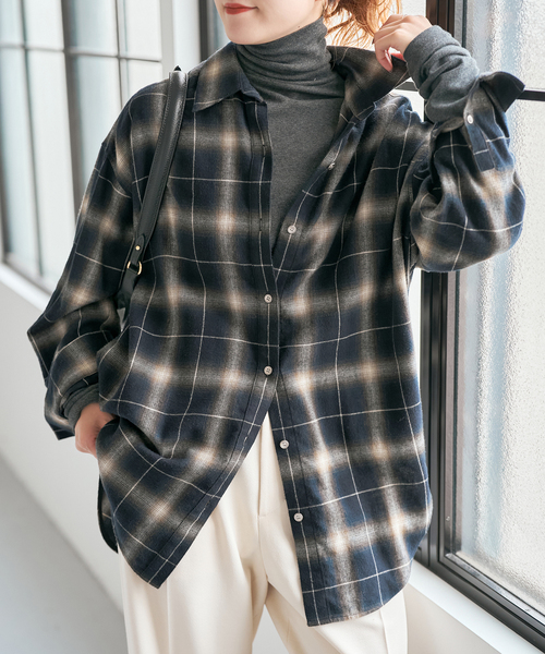 メタルボタンオンブレーチェックルーズシャツ（シャツ/ブラウス