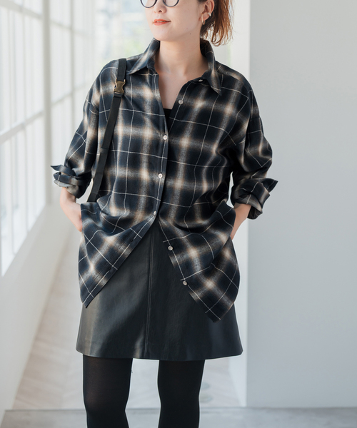 メタルボタンオンブレーチェックルーズシャツ（シャツ/ブラウス