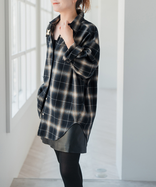 メタルボタンオンブレーチェックルーズシャツ（シャツ/ブラウス