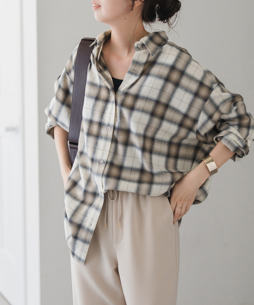メタルボタンオンブレーチェックルーズシャツ（シャツ/ブラウス