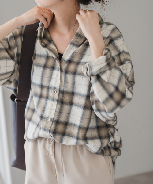 メタルボタンオンブレーチェックルーズシャツ（シャツ/ブラウス