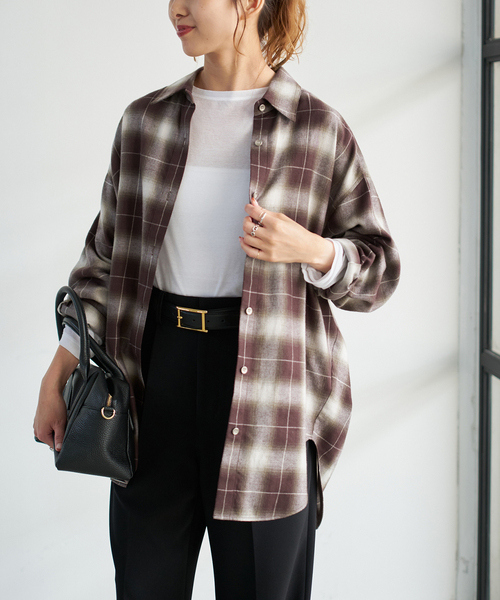 メタルボタンオンブレーチェックルーズシャツ（シャツ/ブラウス