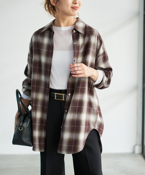 メタルボタンオンブレーチェックルーズシャツ（シャツ/ブラウス