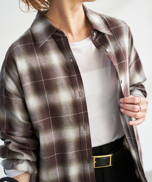 メタルボタンオンブレーチェックルーズシャツ（シャツ/ブラウス