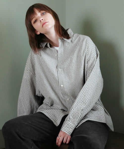 ROCHEM（ローシェン）の「ルーズシルエット短丈ストライプ/ミニチェックシャツ（シャツ/ブラウス・メンズ・ブルー/ブラウン/ネイビー/ブラック系/ホワイト系・L/M/S/XS）」の14枚目の写真