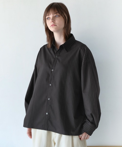 ルーズシルエット短丈ストライプ/ミニチェックシャツ（シャツ/ブラウス