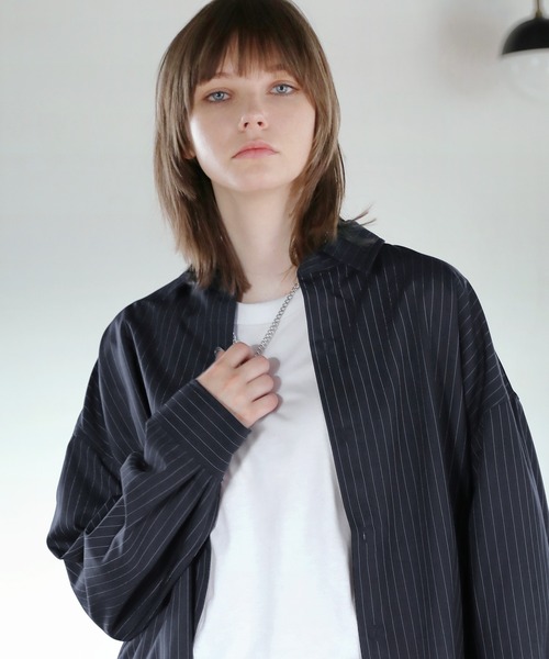 ルーズシルエット短丈ストライプ/ミニチェックシャツ（シャツ/ブラウス