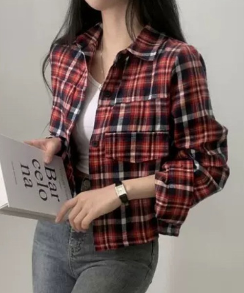 ampm(エーエムピーエム)の「クロップド丈チェックシャツジャケット(シャツ/ブラウス・レディース・ブラウン/レッド/ブルー・M/L)」の22枚目の写真