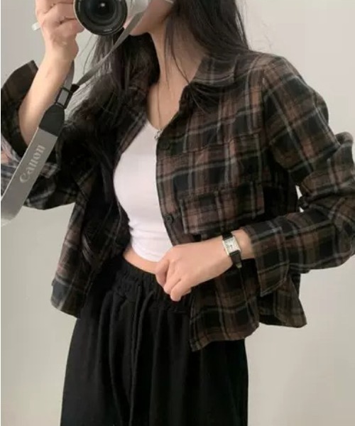 ampm(エーエムピーエム)の「クロップド丈チェックシャツジャケット(シャツ/ブラウス・レディース・ブラウン/レッド/ブルー・M/L)」の18枚目の写真