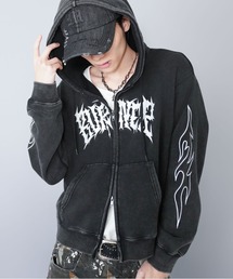 短丈ダブルジップパーカー/グランジ/刺繍袖ロゴ/ショート丈