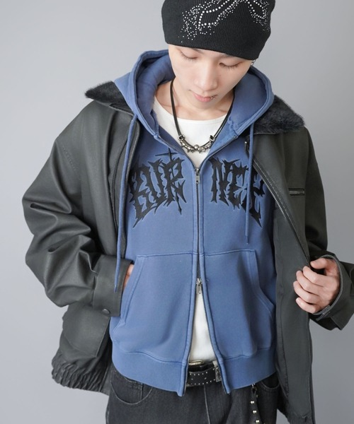 短丈ダブルジップパーカー/グランジ/刺繍袖ロゴ/ショート丈（パーカー