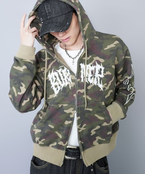 内田金吾くん着用】短丈ダブルジップパーカー/グランジ/刺繍袖ロゴ