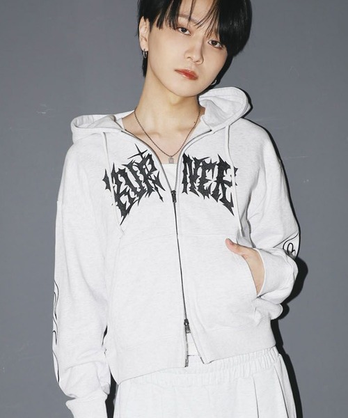 短丈ダブルジップパーカー/グランジ/刺繍袖ロゴ/ショート丈