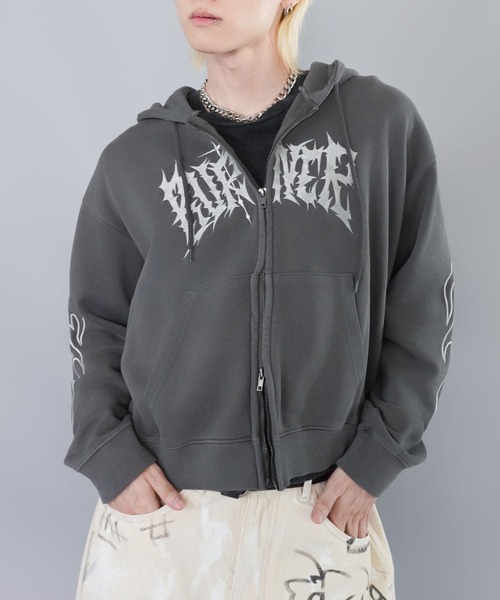 ONE TEASPOON ハートスタッズ短丈パーカー グランジ Y2K 新品 短丈ダブルジップパーカー/グランジ/刺繍袖ロゴ/ショート丈